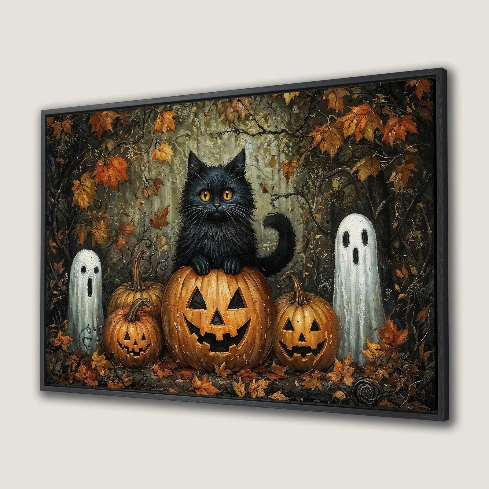 Autumn canvas illustration with a black cat and pumpkins
