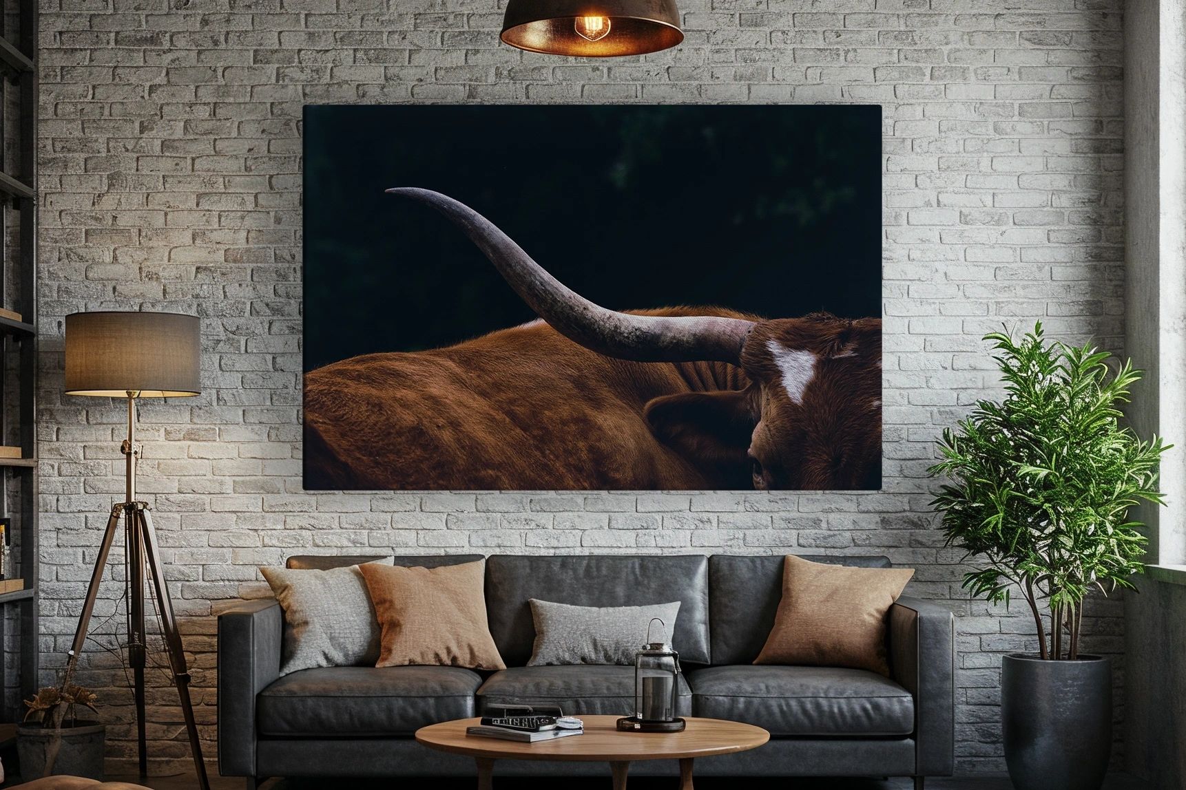 Longhorn canvas in a living room with a white brick wall