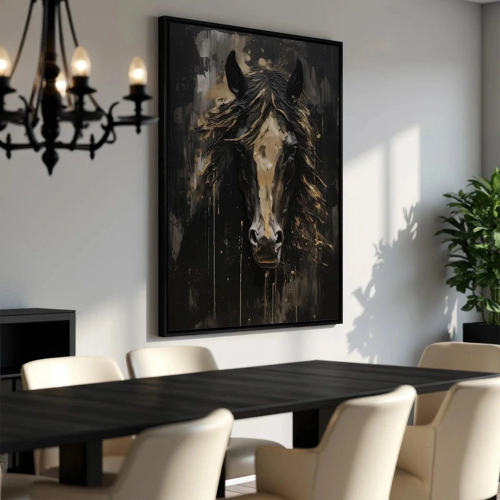 Horse portrait canvas in a modern dining room