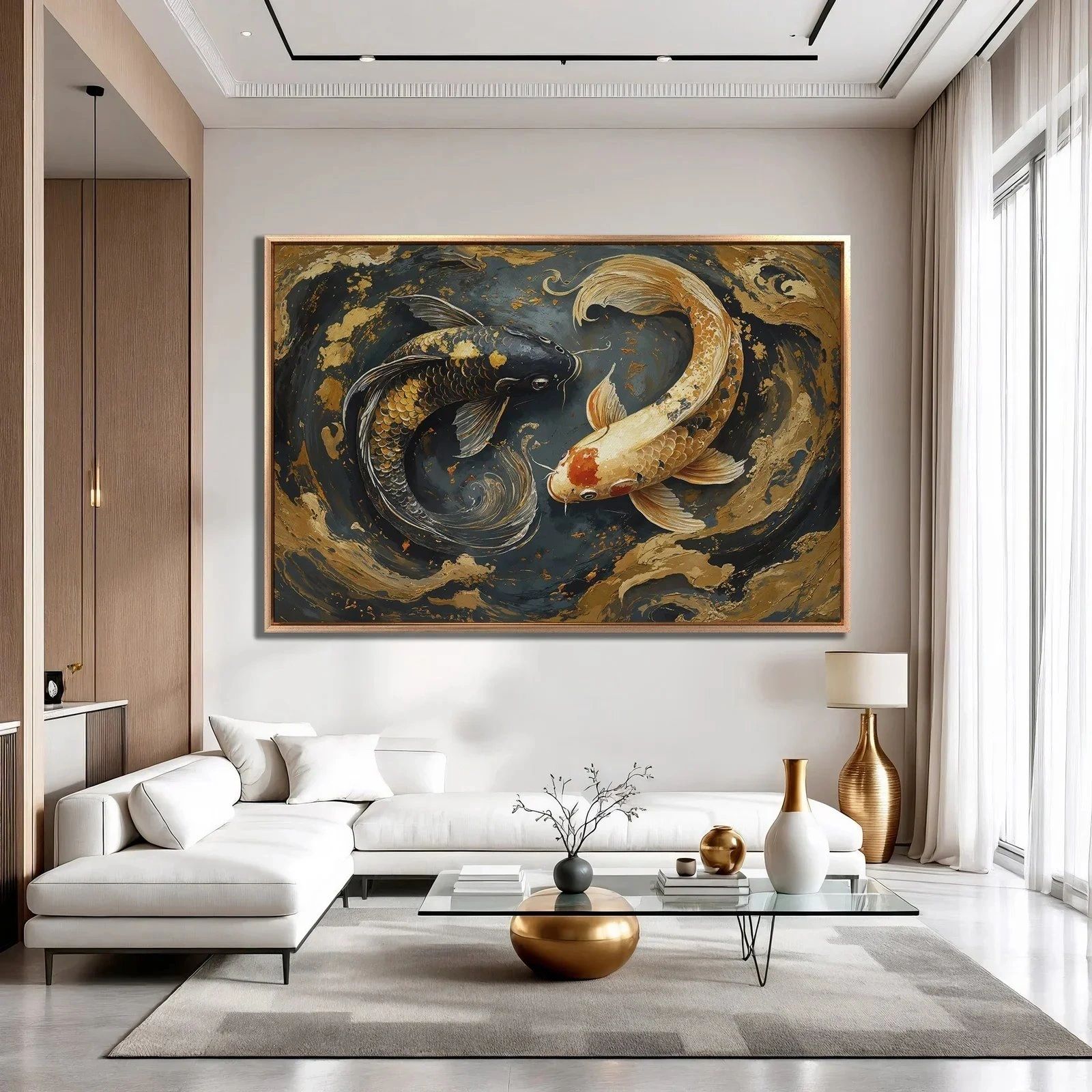 Koi fish canvas above a white sofa