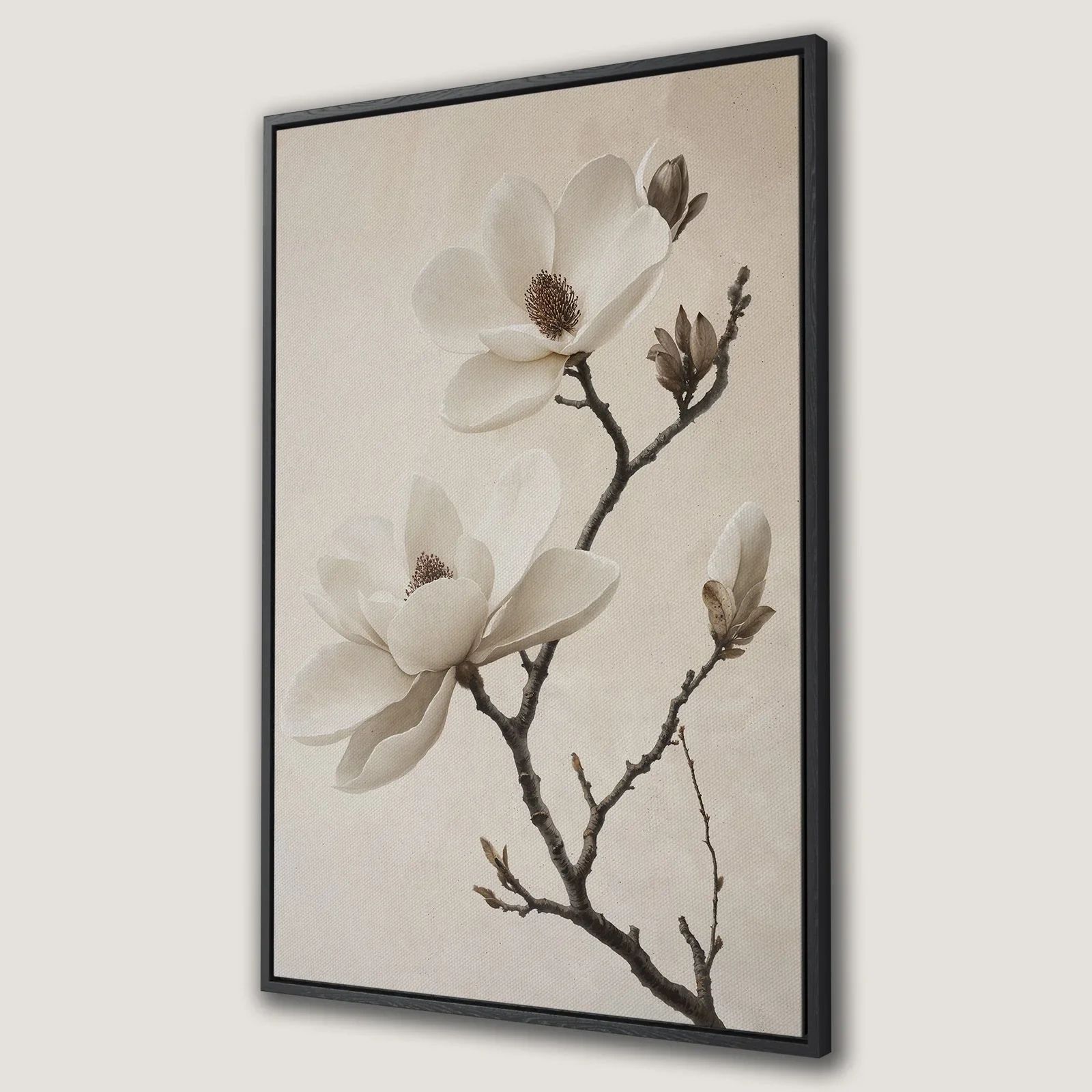 White magnolia artwork in a floating frame