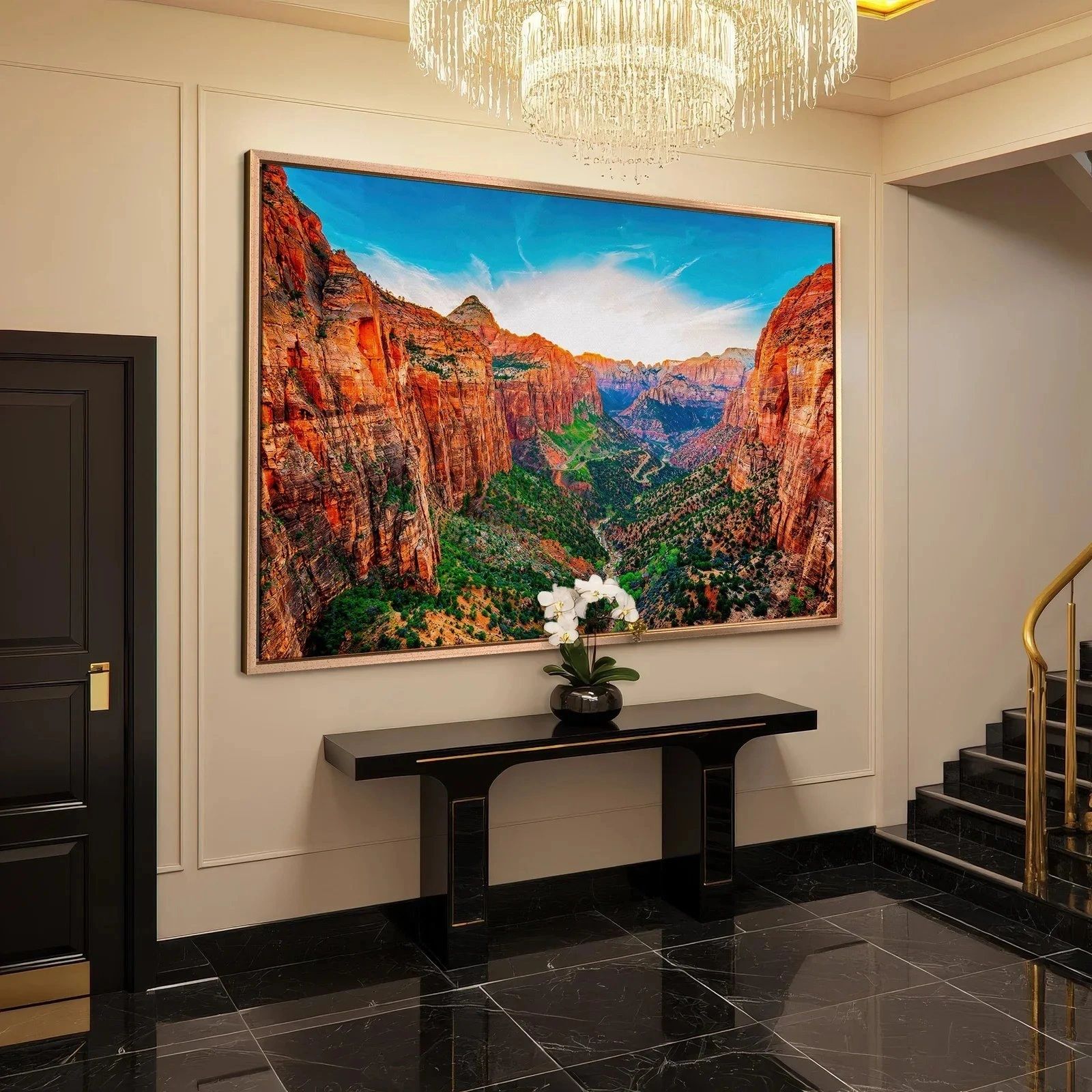 Mountain landscape canvas in a marble hallway