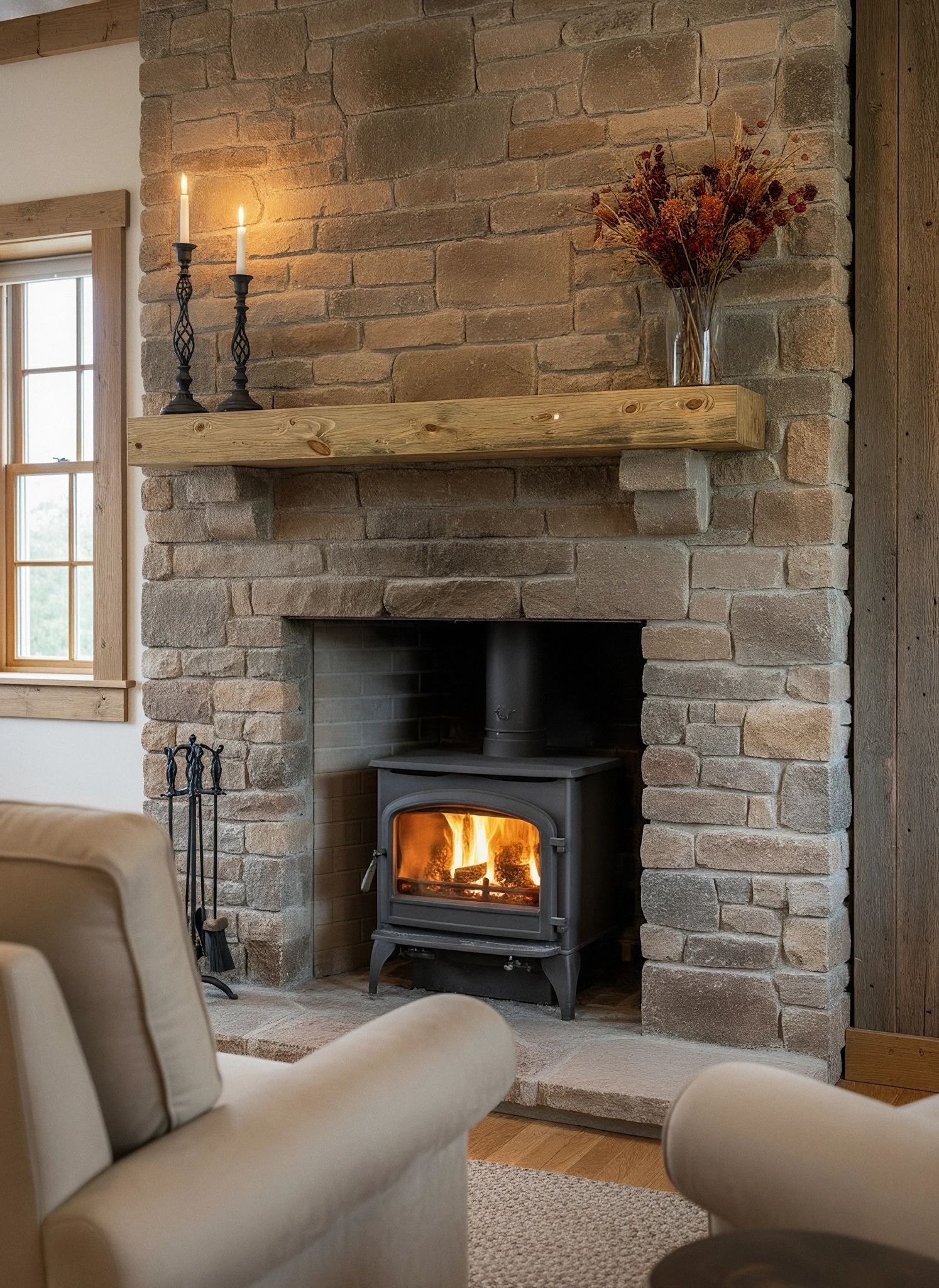Natural timber mantel with candles above a wood stove in a stone fireplace