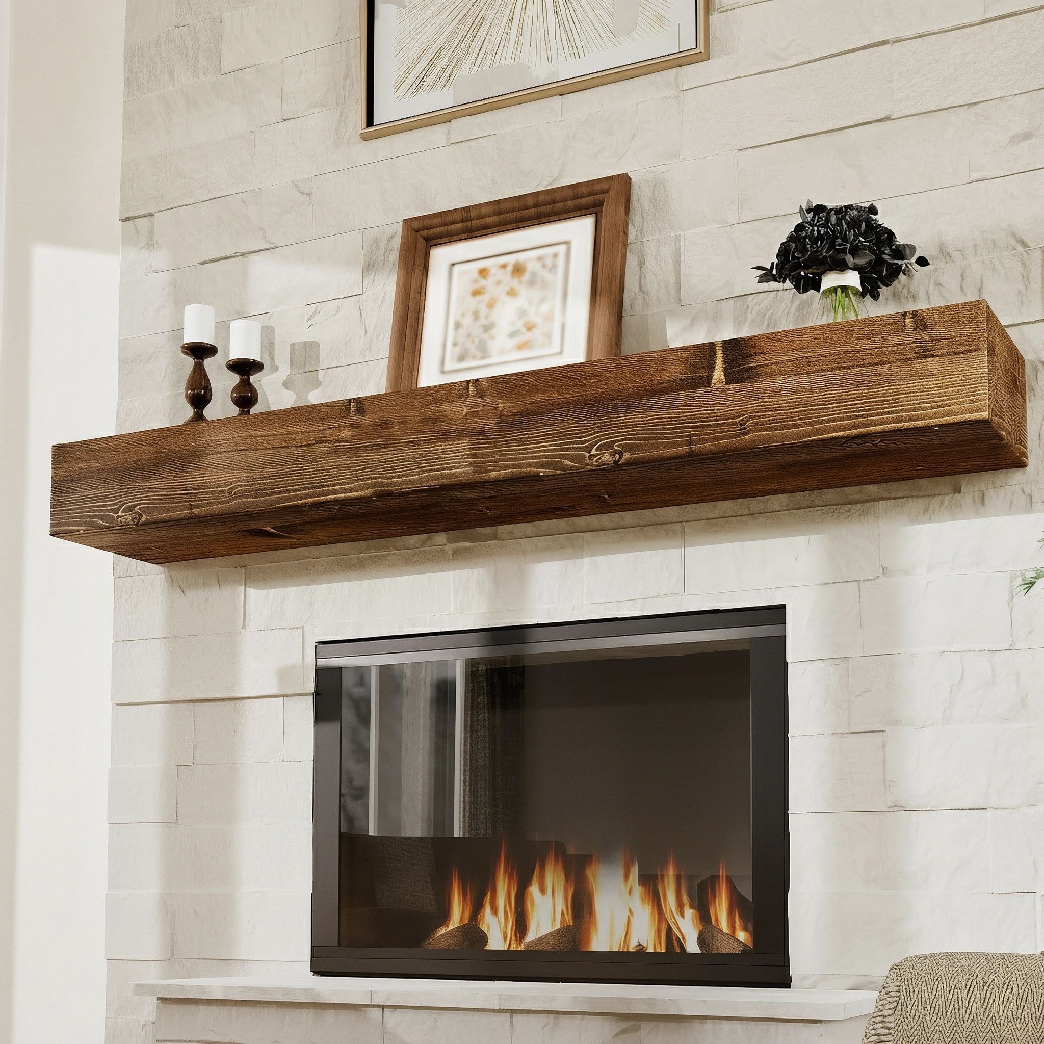 Rich brown wooden mantel with visible grain above a modern fireplace